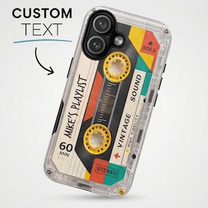 May include: A clear protective phone case featuring a graphic design of a vintage cassette tape. The design includes the text MIKE'S PLAYLIST, 60 MIN, VINTAGE SOUND, HIGH FIDELITY, SIDE A, and STEREO, with yellow reels and red, green, and black accents.