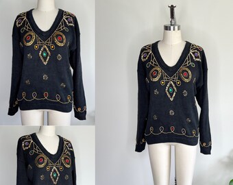 1980s Jeweled Black Knit Sweater Sz Small Medium // V Neck Pullover Beaded Sequin Sparkly