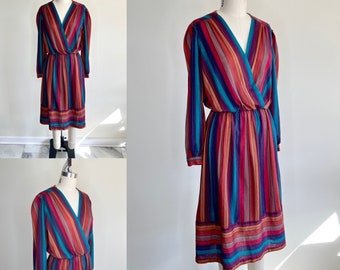 1970s Autumn Rainbow Striped Dress Sz Small-Medium // Long Sleeve V Neck Jewel Toned