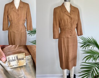 1950s Cocoa Brown Suit Sz Small 36B-26W // Light Brown Skirt Suit Ensemble