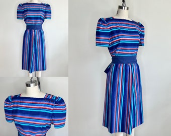 1980s Striped Skirt and Top Set Sz Small-Medium // Cobalt Blue Red White Puff Sleeve