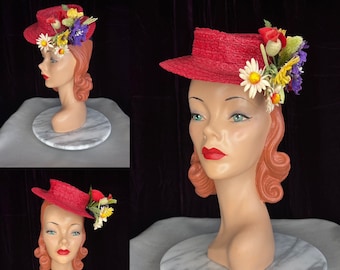 1940s Red Straw Toy Hat with Flowers // Tilt Hat Millinery Flowers Back Band