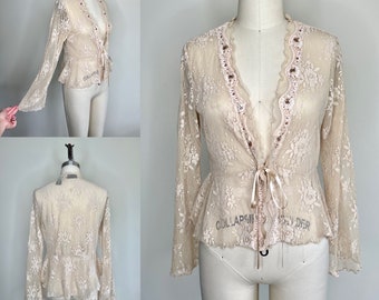 1990s Romantic Beige Lace Button Up Shirt Sz Small // Bell Sleeves Beaded Sheer See Through Floral