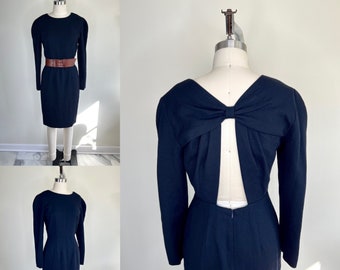1980s Navy Wool Dress Sz Small-Medium // Back Bow Long Sleeve Winter Workwear