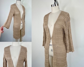 1990s Tan and Gold Crocheted Bell Sleeve Sweater Sz Small Medium // Long Cardigan Duster Openwork Hippie Boho Metallic