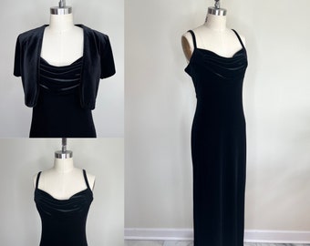 1990s Black Velvet Gown and Bolero Set Sz Medium // Draped Bust Column Dress Eveningwear Formal