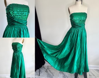 1980s Emerald Green Sequin Ballgown Sz Small // Prom Dress Strapless Satin Floor Length