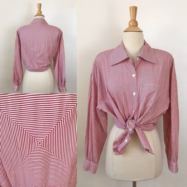 1980s Red Mitered Striped Blouse Sz Medium Large // Liz Claiborne Long Sleeve Button Up