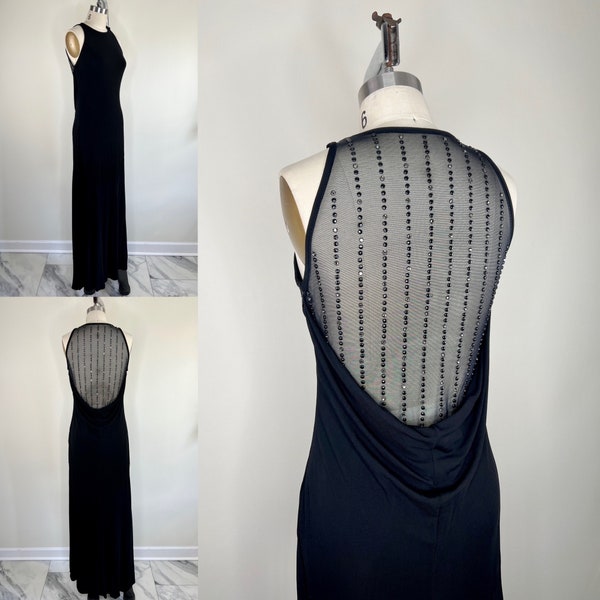 1990s Tadashi Black Gown with Sheer Rhinestone Back Sz Small-Medium // Floor Length Formal Dress Flowy Draped