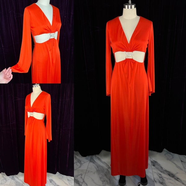 1970s Mr. Boots Midriff Gown Sz Small // Scarlet Red-Orange Rhinestone Bell Sleeve