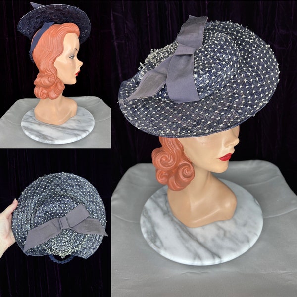 1940s Navy Straw Tilt Hat with Bow // White Netting Delicate Short Brim Face Framing