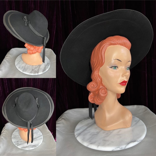 1940s Black Wool Cartwheel Hat // Wide Brim Grosgrain Bows Portrait Large Sunhat