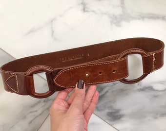 1990s Leather and Metal Ring Belt Leather and Metal Trouser Belt Size M Leather and Chain Waist Belt 32 to 34