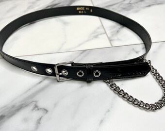 1990s Black Patent Leather Vinyl Belt with Curb Chain Sz Small Medium 29-33" Waist // Narrow Belt Rectangular Buckle Grommets