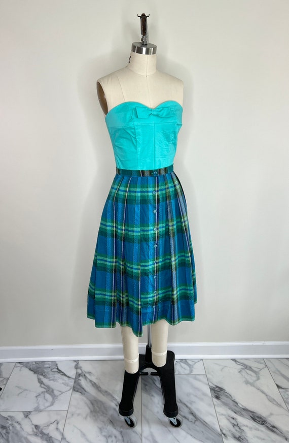 1960s Blue and Green Plaid Pleated Skirt Sz Mediu… - image 2
