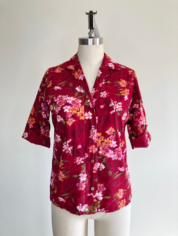 1960s Red Floral Hawaiian Collared Shirt Sz Mediu… - image 5