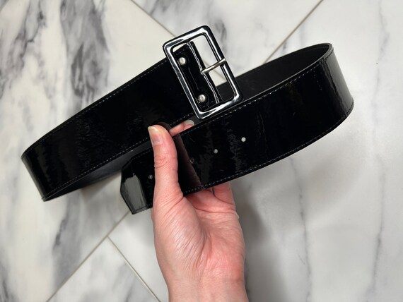 1960s Wide Black Patent Leather Vinyl Belt Sz Med… - image 3