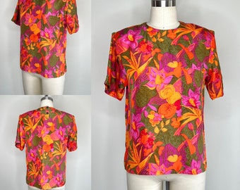 1980s Tropical Floral Print Silk Top Sz Small // Short Sleeve Hot Pink Orange Green