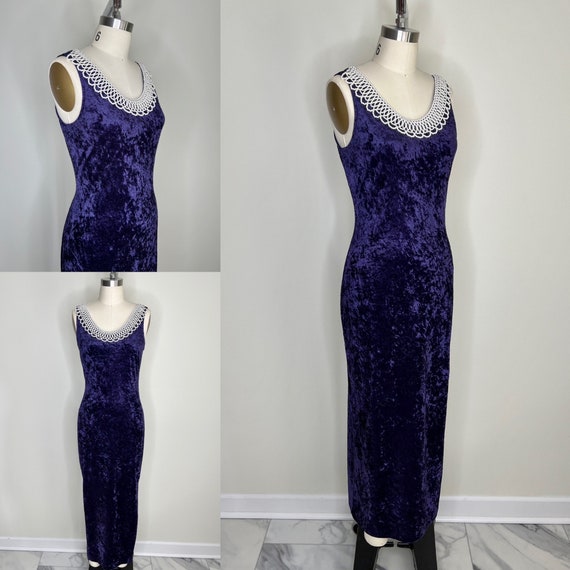 1990s Purple Velvet Gown Sz Small // Crushed Velv… - image 1