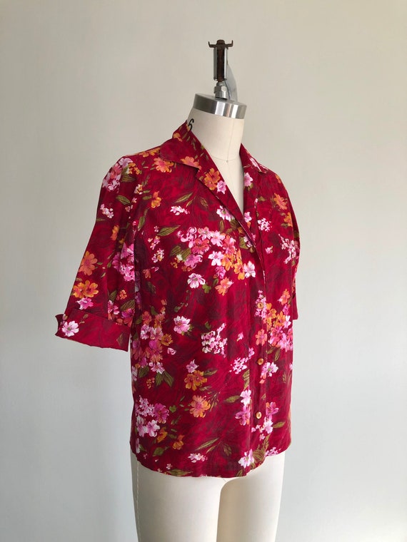 1960s Red Floral Hawaiian Collared Shirt Sz Mediu… - image 3