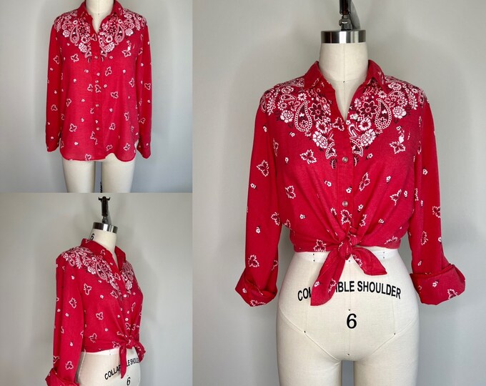 1970s Red Paisley Bandana Buttonup Shirt Sz Small // Long Etsy