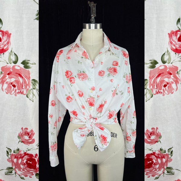 1990s Laura Ashley Rose Print Button Up Shirt Sz Medium-Large 42" Bust // Cotton Long Sleeve Collared Blouse Tie Top