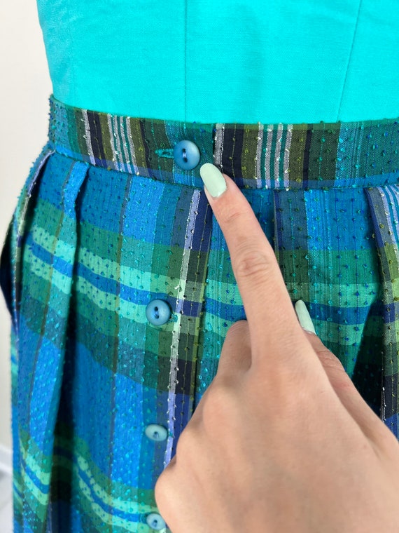 1960s Blue and Green Plaid Pleated Skirt Sz Mediu… - image 8