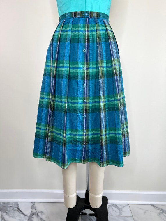 1960s Blue and Green Plaid Pleated Skirt Sz Mediu… - image 6