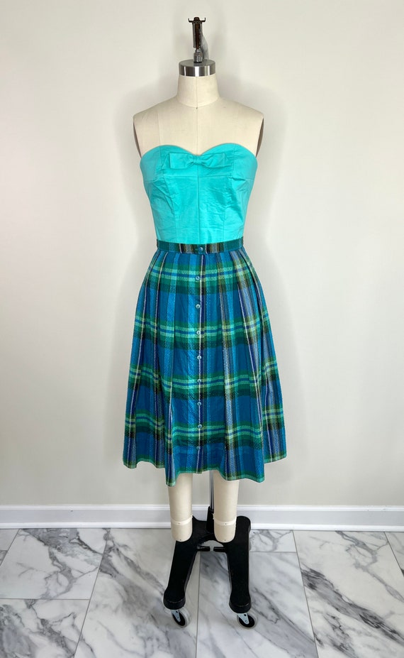 1960s Blue and Green Plaid Pleated Skirt Sz Mediu… - image 4
