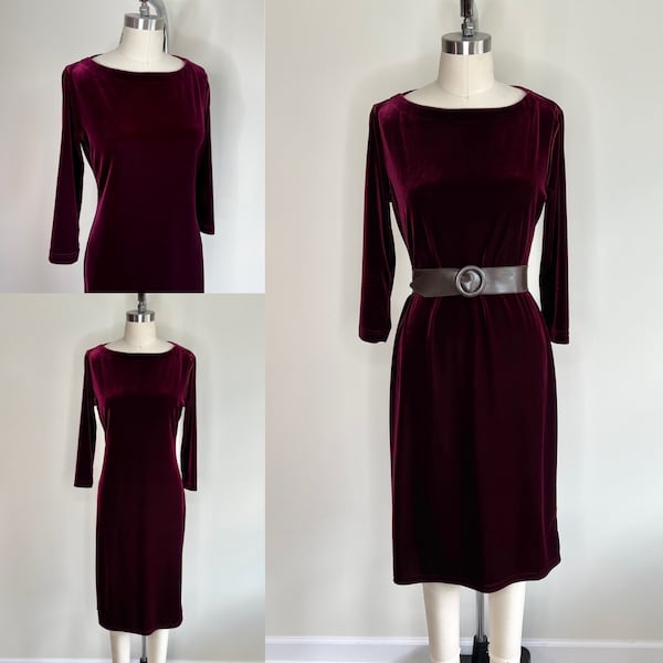 1990s Deep Burgundy Velvet Dress Sz Small-Medium // Stretch Velvet Boatneck Long Sleeve