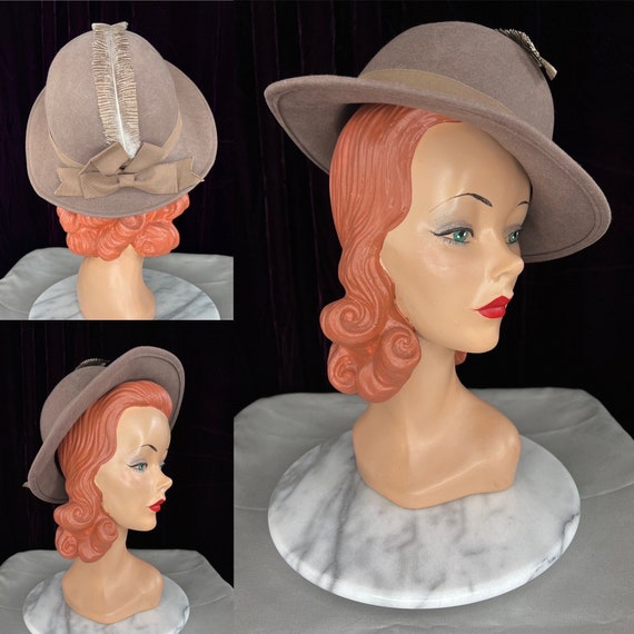 1930s Light Brown Felt Hat with Feather // Short … - image 1