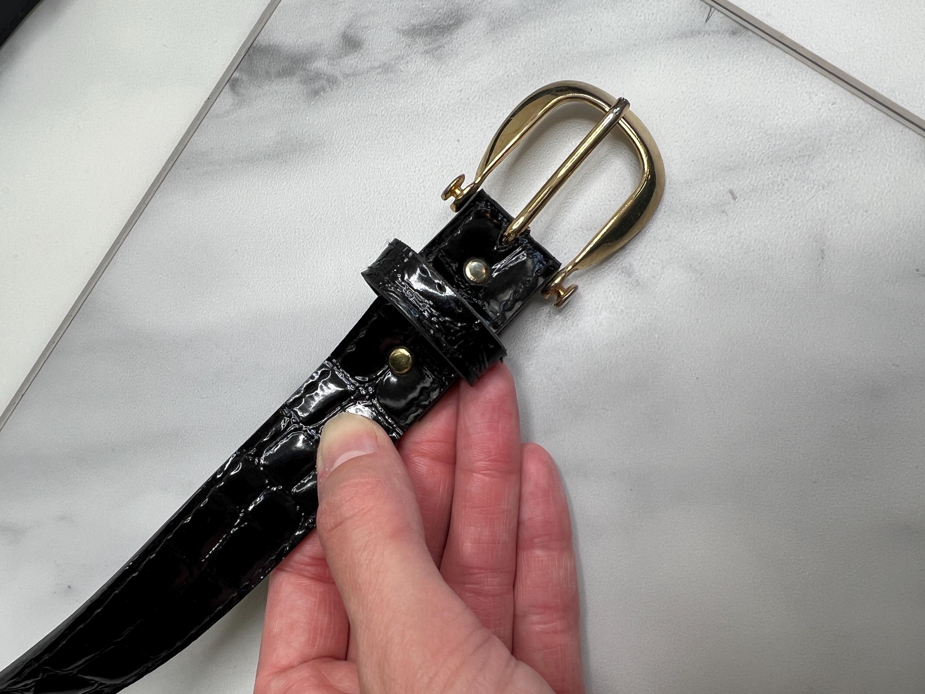 VINTAGE Black faux croc belt with giant rhinestones stretch back 42x3”/SZ 2X Vintage Black Shiny Croc Embossed Leather Belt With  main image 4