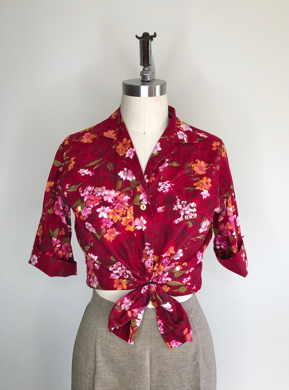 1960s Red Floral Hawaiian Collared Shirt Sz Mediu… - image 2