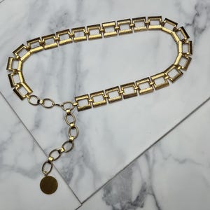 Vintage St. John Gold Chain Belt Rectangle Geometric Link, Cutout Logo Charm 43\