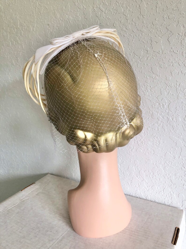 1960s White Feather Veil Fascinator Rhinestones Velvet Bow Bridal Wedding