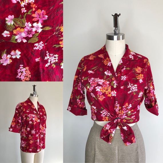 1960s Red Floral Hawaiian Collared Shirt Sz Mediu… - image 1