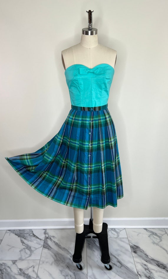 1960s Blue and Green Plaid Pleated Skirt Sz Mediu… - image 3