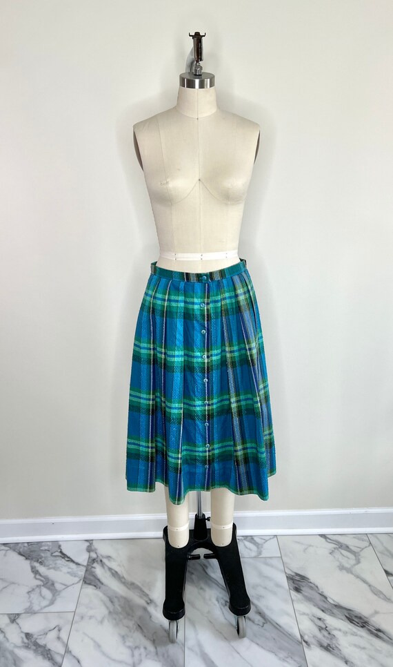 1960s Blue and Green Plaid Pleated Skirt Sz Mediu… - image 7