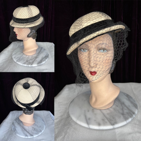 1930s Beige Straw Hat with Black Netting // Velve… - image 1