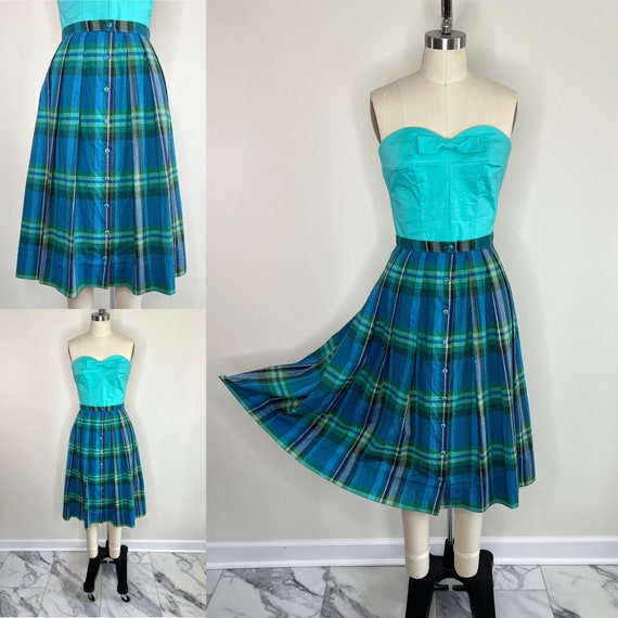 1960s Blue and Green Plaid Pleated Skirt Sz Mediu… - image 1