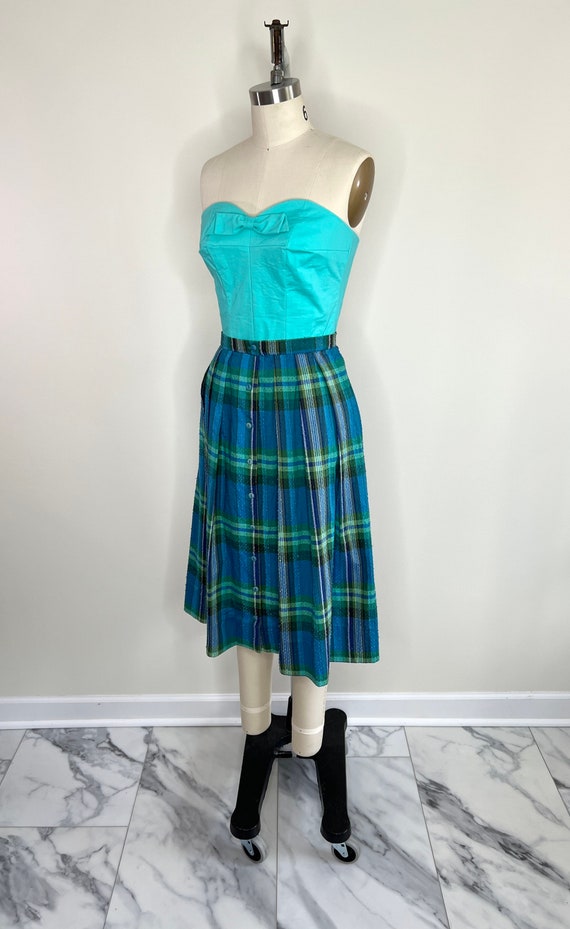 1960s Blue and Green Plaid Pleated Skirt Sz Mediu… - image 5