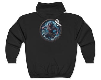 Japanese Oni Black Hoodie: Unisex Zip-Up Anime Sweater