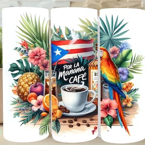 Puerto Rico 20oz Tumbler Wrap PNG, Coffee & Rum, Por La Mañana Cafe Por La Tarde Ron 20 oz Skinny Tumbler Design Digital Tropical Beach