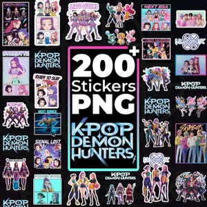 Peut inclure: Une collection d'autocollants PNG colorés représentant des groupes de K-Pop et des personnages de style anime. Les autocollants incluent du texte tel que "K-Pop Demon Hunters", "Stage Queens" et "200+ Stickers PNG".