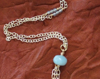 Amazonite Chain Tassle Necklace with Agate Insets