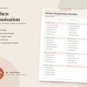 Lista de verificação para organização da cozinha (imprimível), planejador de organização da cozinha em PDF tamanho A4, organizador de armários, despensa e geladeira, download instantâneo.