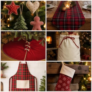 May include: A collection of holiday decor including fabric ornaments, a plaid table runner, a red tree skirt, a cream gift sack with red ties, a plaid apron with a cream pocket, and a red stocking with a white cuff and snowflake pattern.