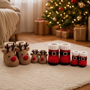 May include: A collection of four pairs of crocheted baby booties. Two pairs are tan reindeer with dark brown antlers and red noses. Two pairs are red Santa boots with white cuffs, black belts, and gold-toned buckles. All have white ribbed cuffs.