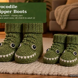 May include: Two pairs of olive green knitted slipper boots shaped like crocodiles, featuring textured scales, white triangular teeth, and black and white eyes. The text reads: Crocodile Slipper Boots, Knitting pattern, chunky yarn, Kids' and adult sizes, UK child 6 to adult 12.