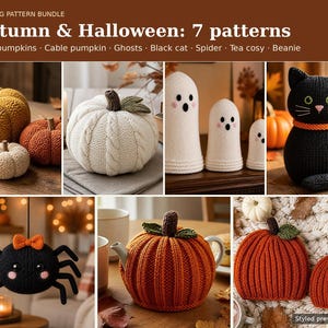 Op de afbeelding: Een breipatroonbundel getiteld Autumn & Halloween: 7 patterns, met instructies voor mos-pompoenen, een kabel-pompoen, spoken, een zwarte kat, een spin, een theemuts en een muts, getoond met afbeeldingen van de voltooide gebreide items.